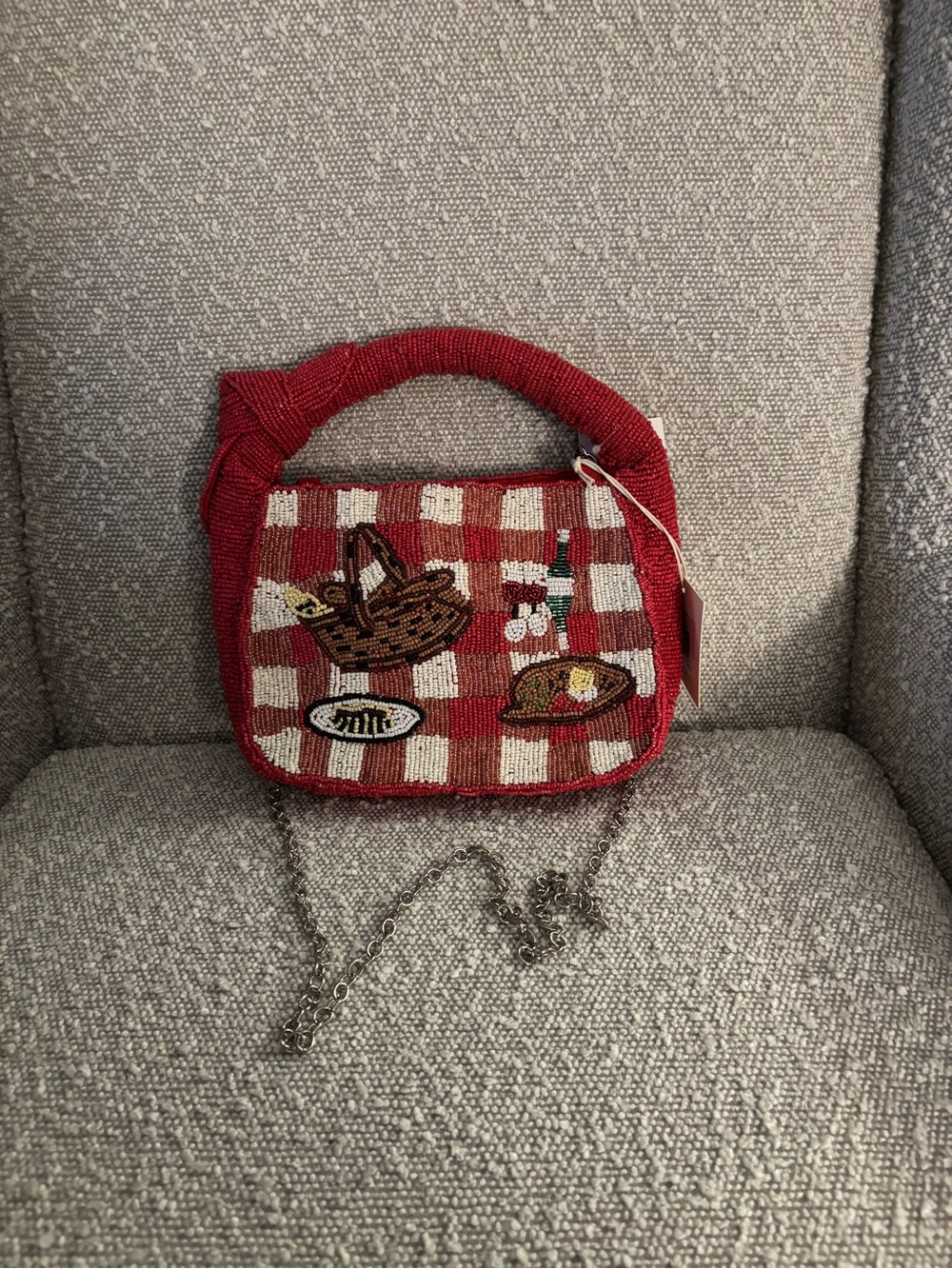 Red Beaded Picnic-Print Shoulder Bag